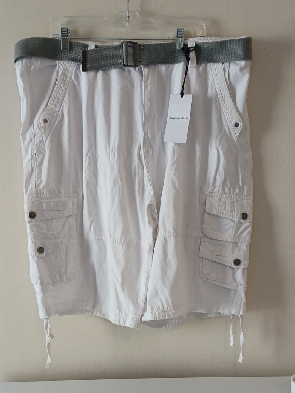 Paper Denim & Cloth White Cargo Shorts with Gray Belt